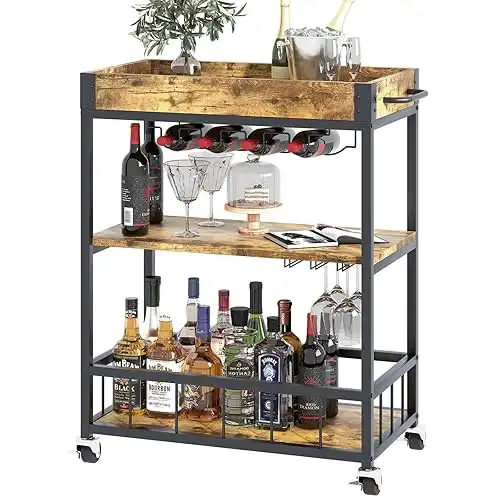 3 Tier Vintage Style Wood and Metal Serving Cart, Wine Rack, Glass Holder