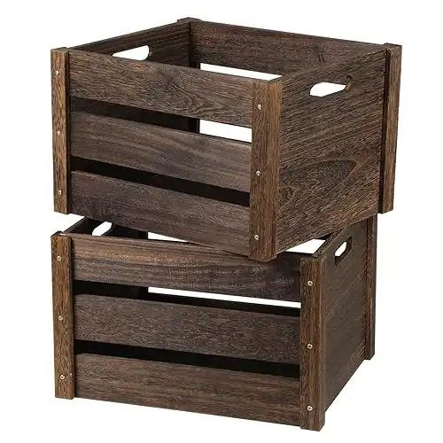 Rustic Handmade Wood Crate with Handles, 2 Pack, Brown