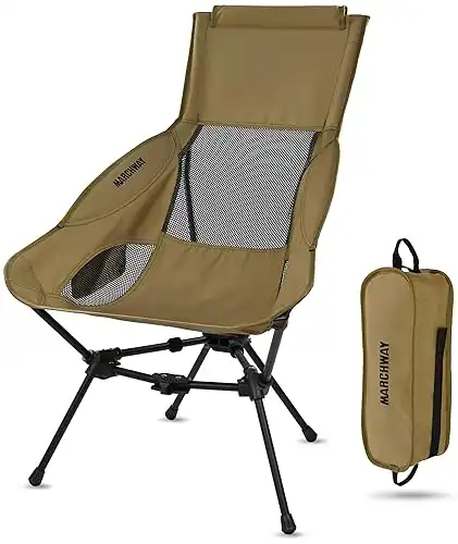 MARCHWAY Lightweight Folding High Back Camping Chair with Head Support, Stable Portable Compact for Outdoor Camp, Travel, Beach, Picnic, Festival, Hiking, Backpacking (Khaki)