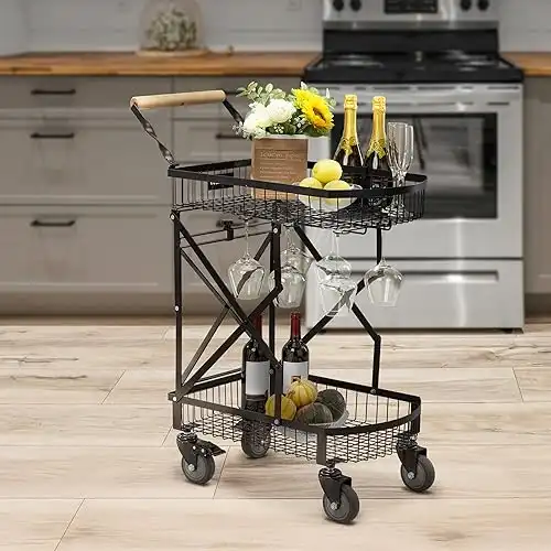 Foldable Serving Cart with Glass Holder and Wine Rack