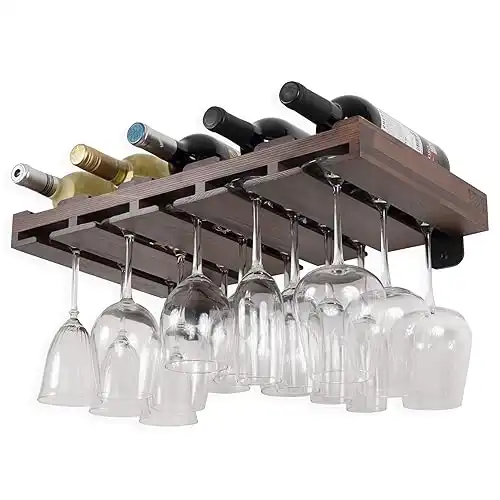 Wall Mounted Wood Floating Wine Liquor Bottle Rack with Glassware Holder