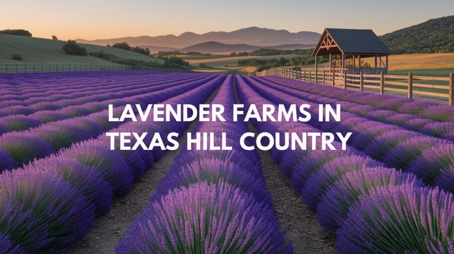 A beautiful field of lavender in full bloom with text that says Lavender Farms in Texas Hill Country.