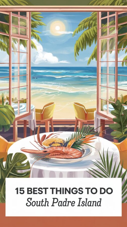 An illustrated image looking out of restaurant over a plate of seafood to a beautiful beach. Text says 15 Best Thing to Do South Padre Island