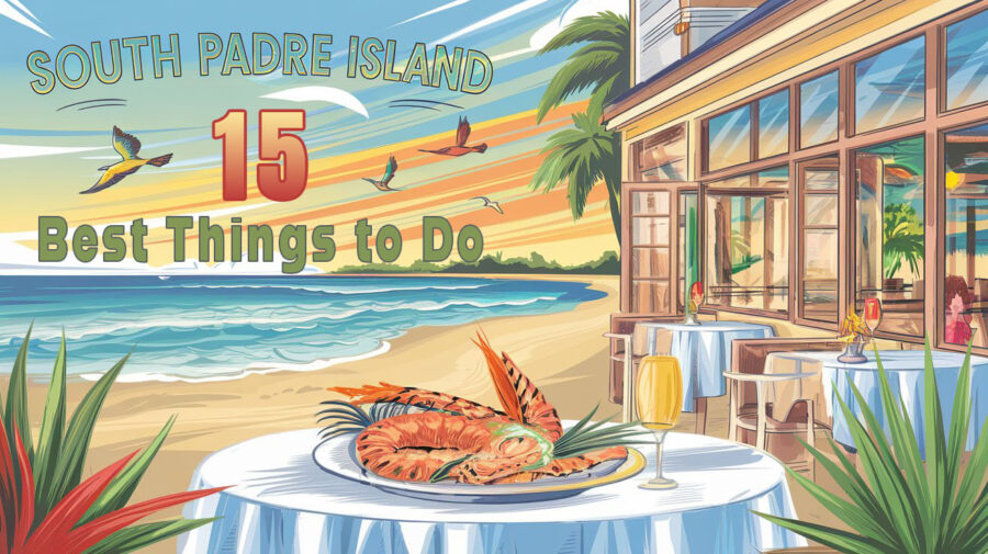 Illustration of view of a beautiful beach at sunset from a restaurant. Text says South Padre Island 15 Best Things to Do