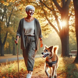 A senior woman walking her dog