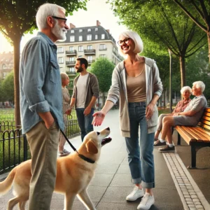 People in a park interacting over a dog