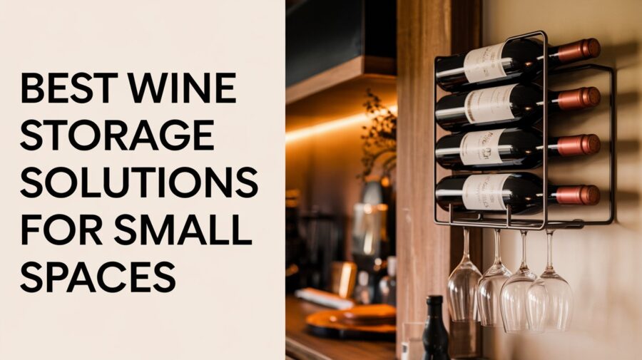 A wall-mounted wine storage rack with glasses. Text overlay says Best Wine Storage Solutions for Small Spaces