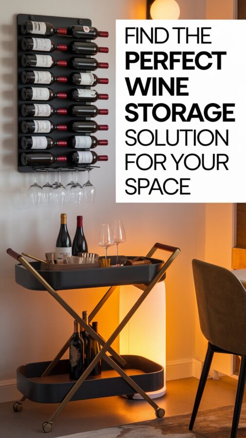A wall-mounted wine rack with glasses. below it is a bar cart. Text overlay says Find the Perfect Wine Storage Solution for Your Space