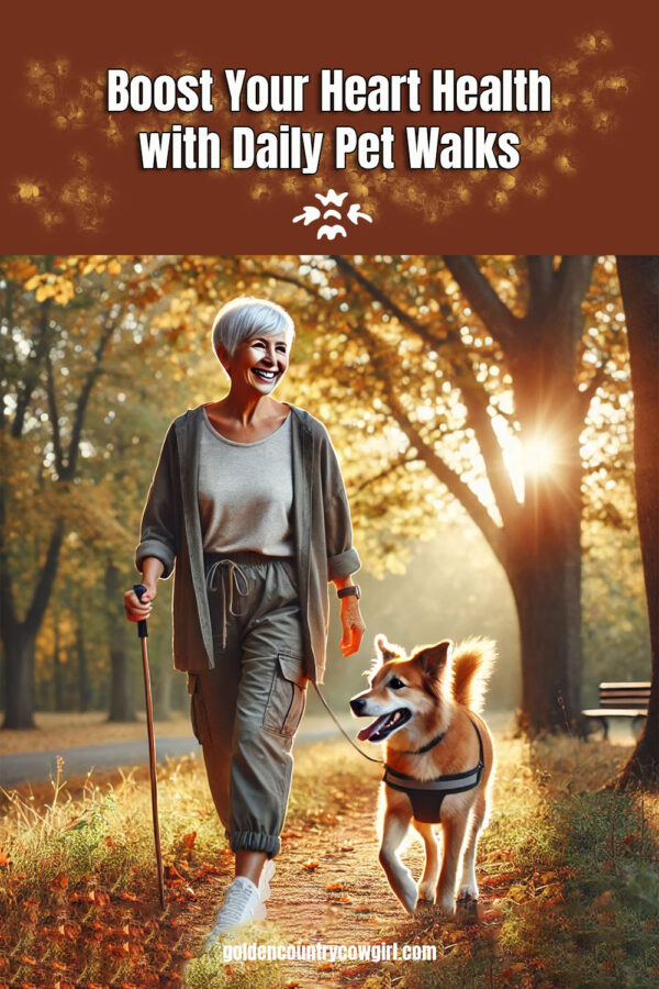 A senior woman walking her dog. Text says Boost Your Heart Health with Daily Pet Walks 