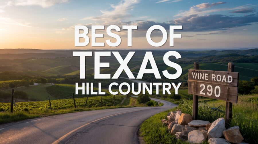 A road meanders through rolling hill next to a sign that says Wine Road 290. Text overlay says Best of Texas Hill Country.