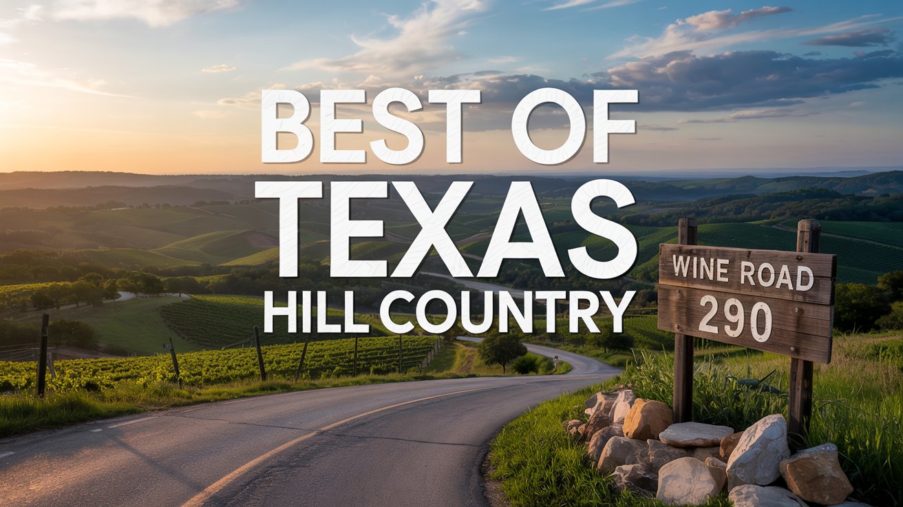 A road meanders through rolling hill next to a sign that says Wine Road 290. Text overlay says Best of Texas Hill Country.