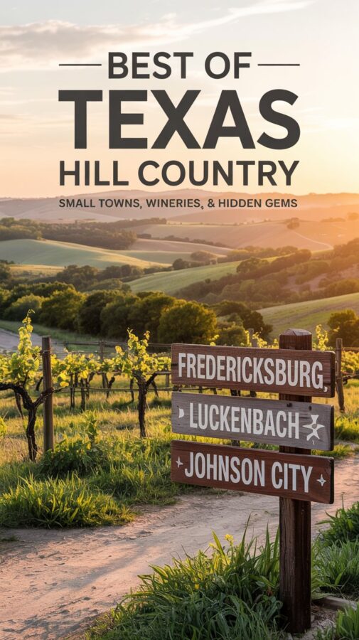 A scenic Texas Hill Country landscape with rolling hills, a vineyard in bloom, and a rustic wooden signpost pointing to Fredericksburg, Luckenbach, and Johnson City. 